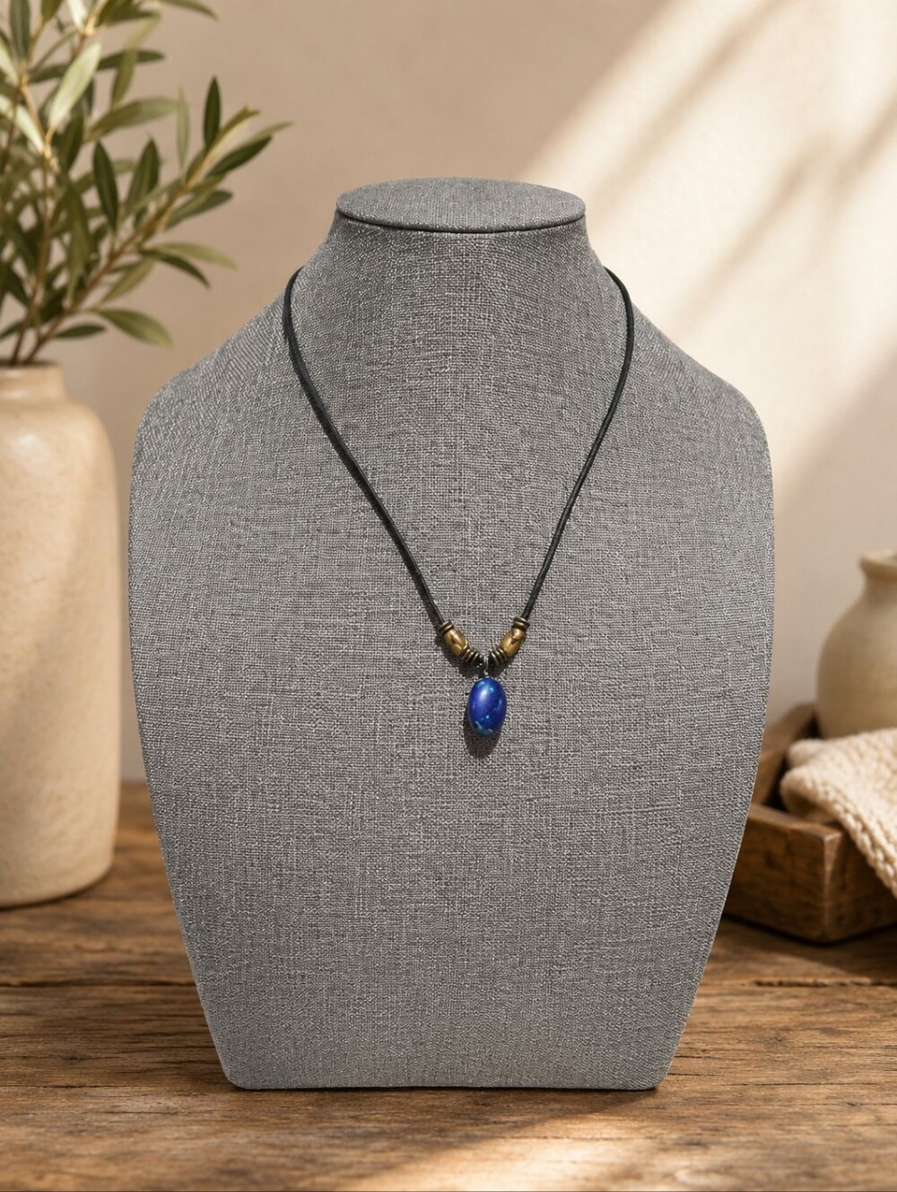 Y2K Artisan Blue & Green Gemstone Pendant Necklace Adjustable Cord